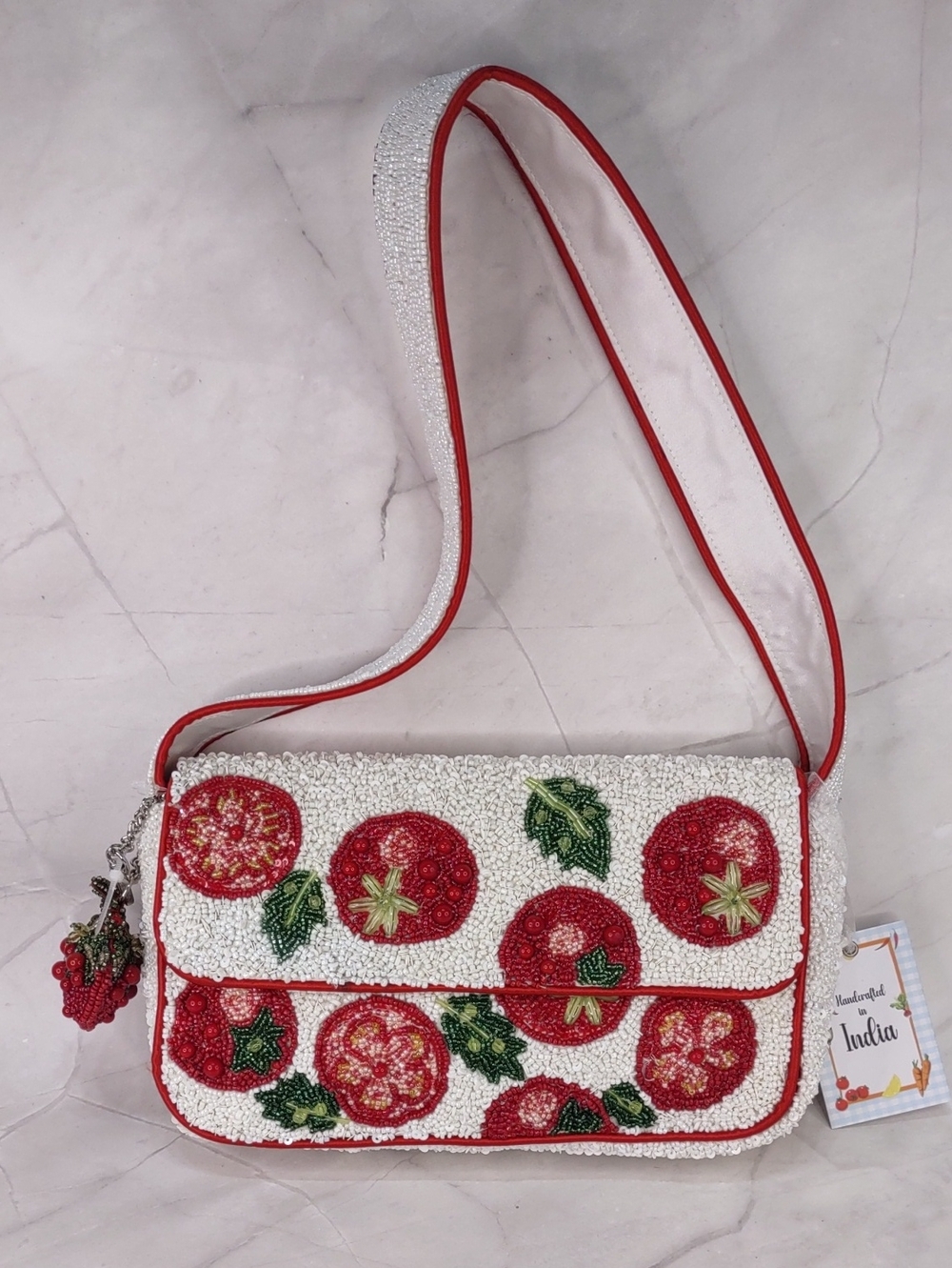 White Beaded Tomato Bag with Red Trim